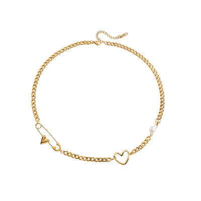 Gold Paperclip Heart Necklace with Pearl | Adjustable 45+5cm Titanium Steel Aruary Studio ｜ Artisanal Jewelry