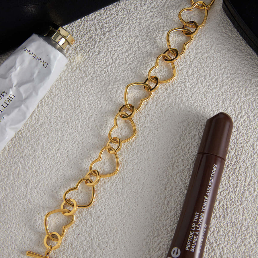 Aruary Studio ｜ Artisanal Jewelry Delicate Gold Heart Link Bracelet | adjustable layered chain bracelet for women, Valentine's day gift for her