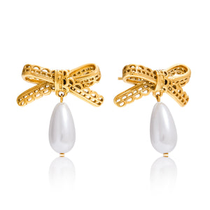 Vintage Lace Bow & Pearl Drop Earrings | Titanium Steel Gold-Plated + Faux Pearl - Romantic Retro Statement Aruary Studio ｜ Artisanal Jewelry