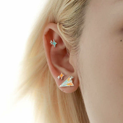 Silver Plated Paper Plane and Star Stud Earrings Set - Cute Cartoon Ear Jewelry for Women Aruary Studio ｜ Artisanal Jewelry