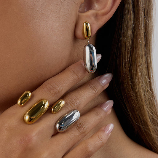Polished Two - Tone Oval Sculptural Ring / Earrings