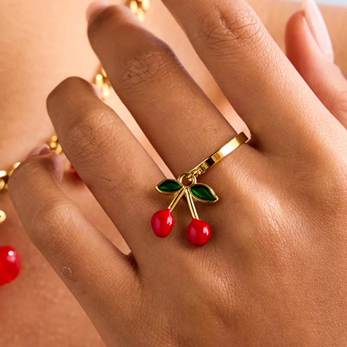 Luxury Cherry Jewelry Set: Titanium Steel Necklace & Ring | 18K Gold Plated, 5A Zircon | Hypoallergenic & Tarnish-Free Aruary Studio ｜ Artisanal Jewelry
