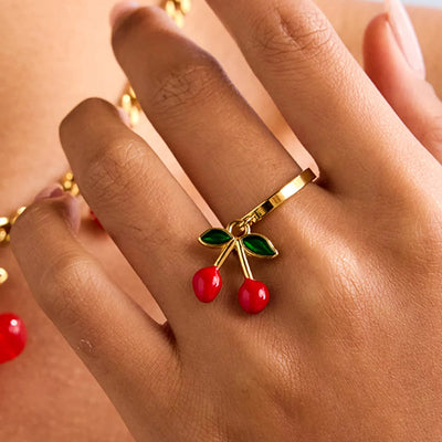 Luxury Cherry Jewelry Set: Titanium Steel Necklace & Ring | 18K Gold Plated, 5A Zircon | Hypoallergenic & Tarnish-Free Aruary Studio ｜ Artisanal Jewelry