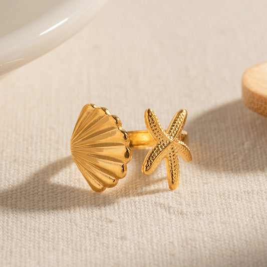 Gold-Tone Beach Vacation Shell & Starfish Open Ring
