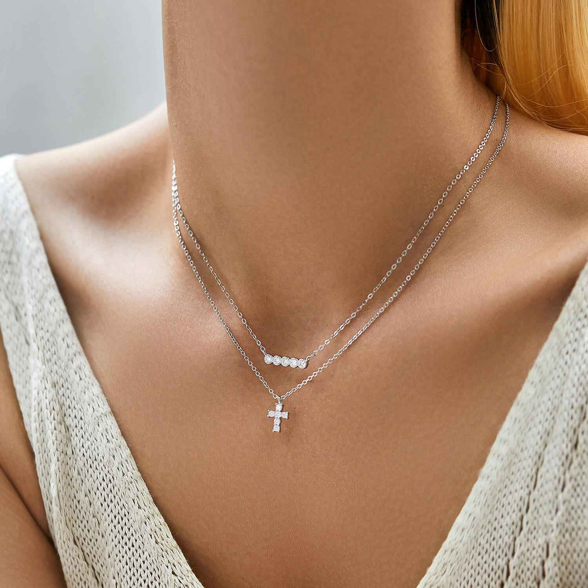 micro cross pendant necklace in platinum plated s925 silver with six claw set 0.03ct round brilliant moissanite stones
