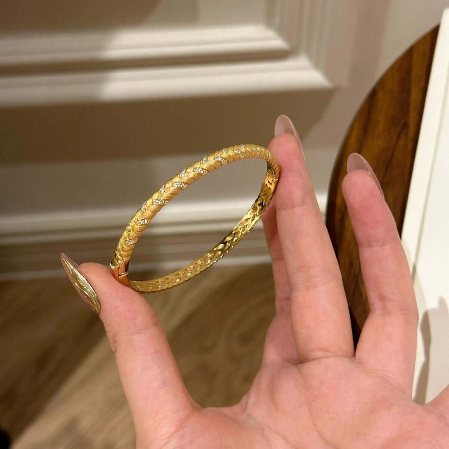 Aruary Studio ｜ Artisanal Jewelry Gold Brushed Wheat Pattern Bangle Bracelet with Cubic Zirconia Accents - Adjustable Nature-Inspired CZ Bracelet