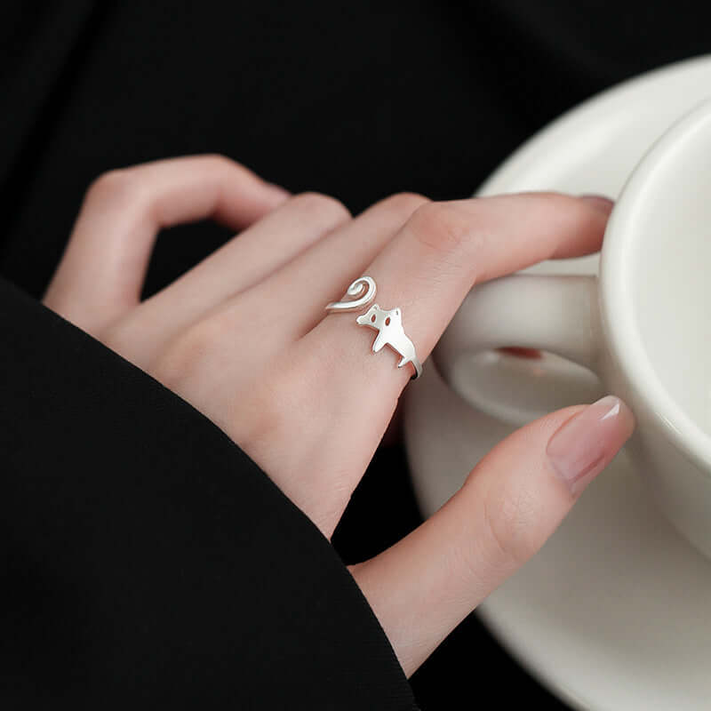 Aruary Studio ｜ Artisanal Jewelry Cute Silver - Plated Cat Open Ring