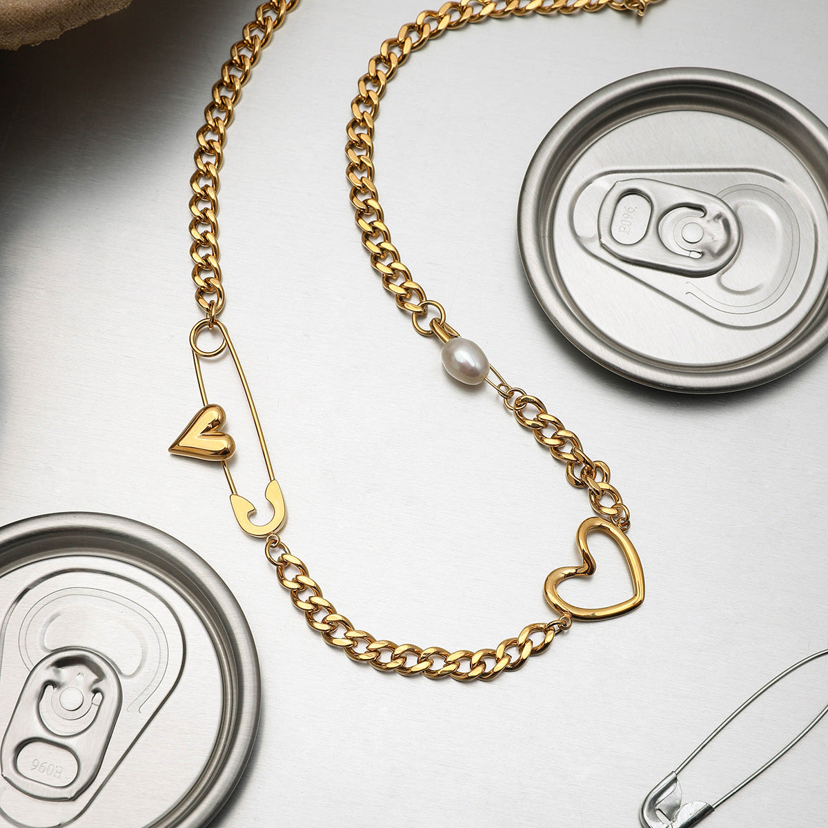Gold Paperclip Heart Necklace with Pearl | Adjustable 45+5cm Titanium Steel Aruary Studio ｜ Artisanal Jewelry