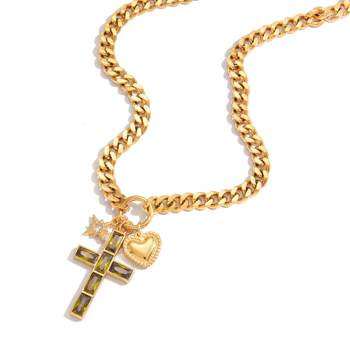 Vintage Cross & Zircon Charm Necklace | Titanium Steel - Edgy Spiritual Statement Jewelry Aruary Studio ｜ Artisanal Jewelry