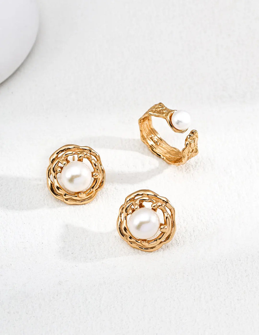 Aruary Studio ｜ Artisanal Jewelry Oceanic Pearl Hammered Ring - S925 Solid Silver 18K Gold Plated, Asymmetric Wave Ring with Natural Pearl