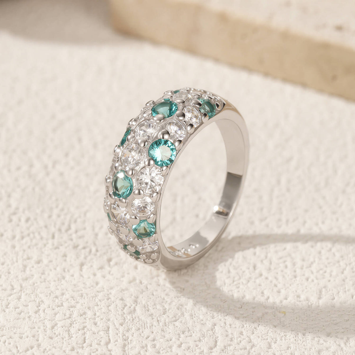 Shop Aruary's Oceanic Pavé Dome Moissanite Band. Heavy 4.00g solid S925 silver chassis with brilliant blue and white alternating stones. Premium gift boxed.