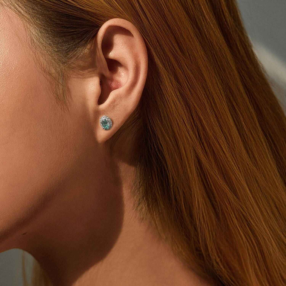 Oval Mint Moissanite Halo Stud Earrings