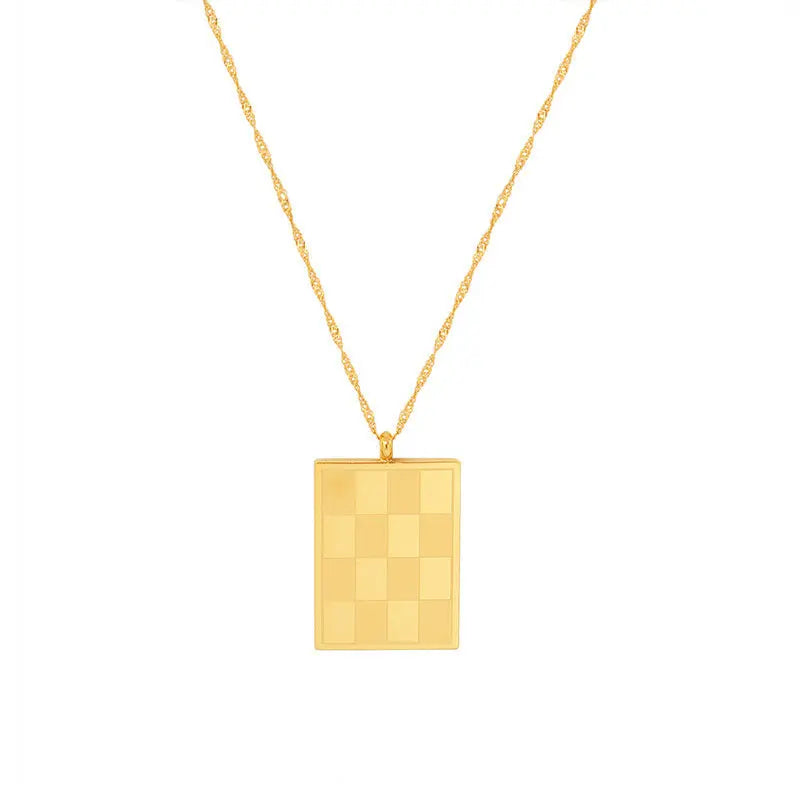 Aruary Studio ｜ Artisanal Jewelry French Checkerboard Choker Necklace - 18K Gold Plated Titanium Steel Pendant Collar, Vintage Inspired Chessboard Layering Chain
