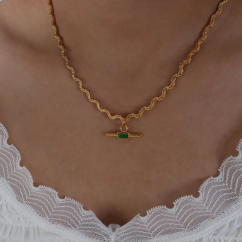 Aruary Studio ｜ Artisanal Jewelry Statement Glass Stone Pendant Necklace - Titanium Steel & Brass Layering Chain, Versatile Vintage-inspired Jewelry for Women Green
