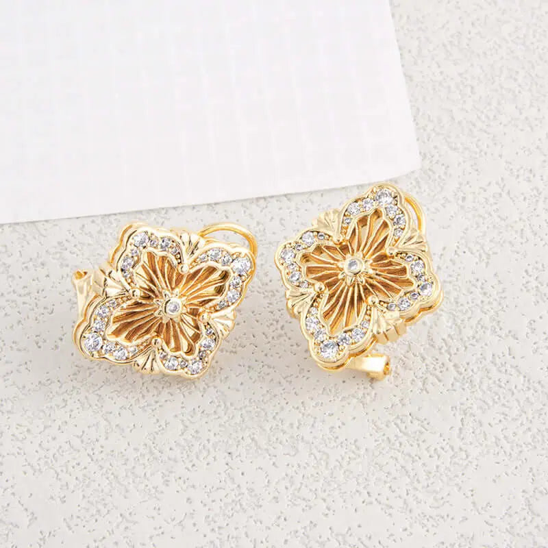 Aruary Studio ｜ Artisanal Jewelry Palace-Chic Clover Earrings - 18K Brushed Gold & Crystal Studs | Chanel-inspired Vintage Jewelry | Hypoallergenic