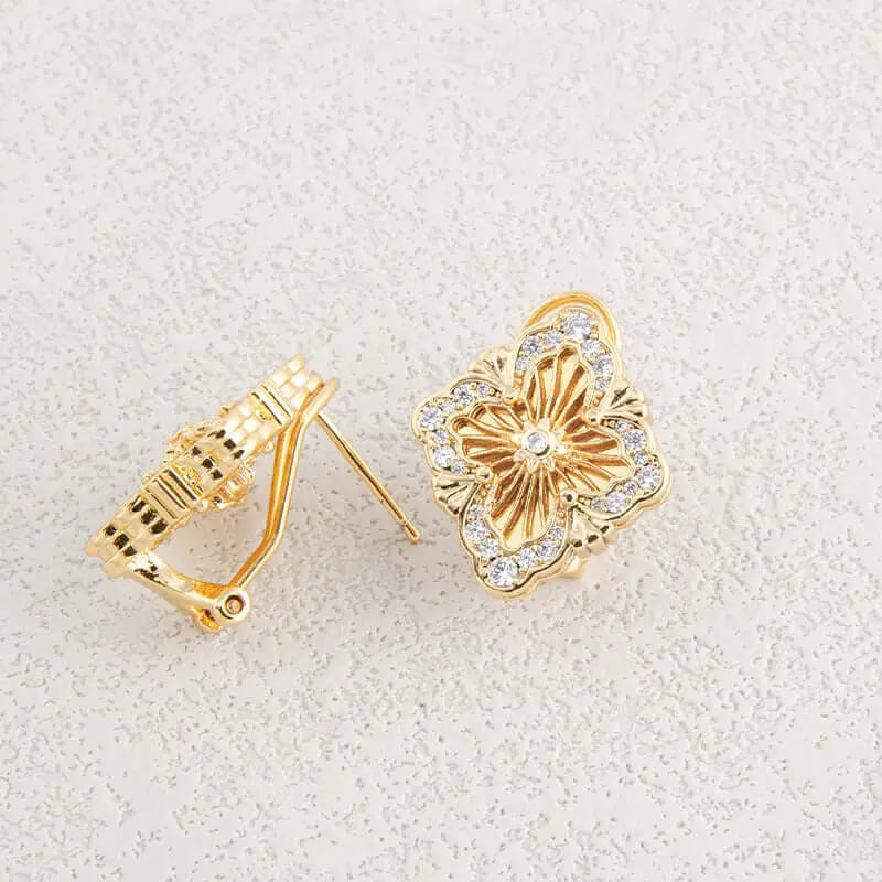 Aruary Studio ｜ Artisanal Jewelry Palace-Chic Clover Earrings - 18K Brushed Gold & Crystal Studs | Chanel-inspired Vintage Jewelry | Hypoallergenic
