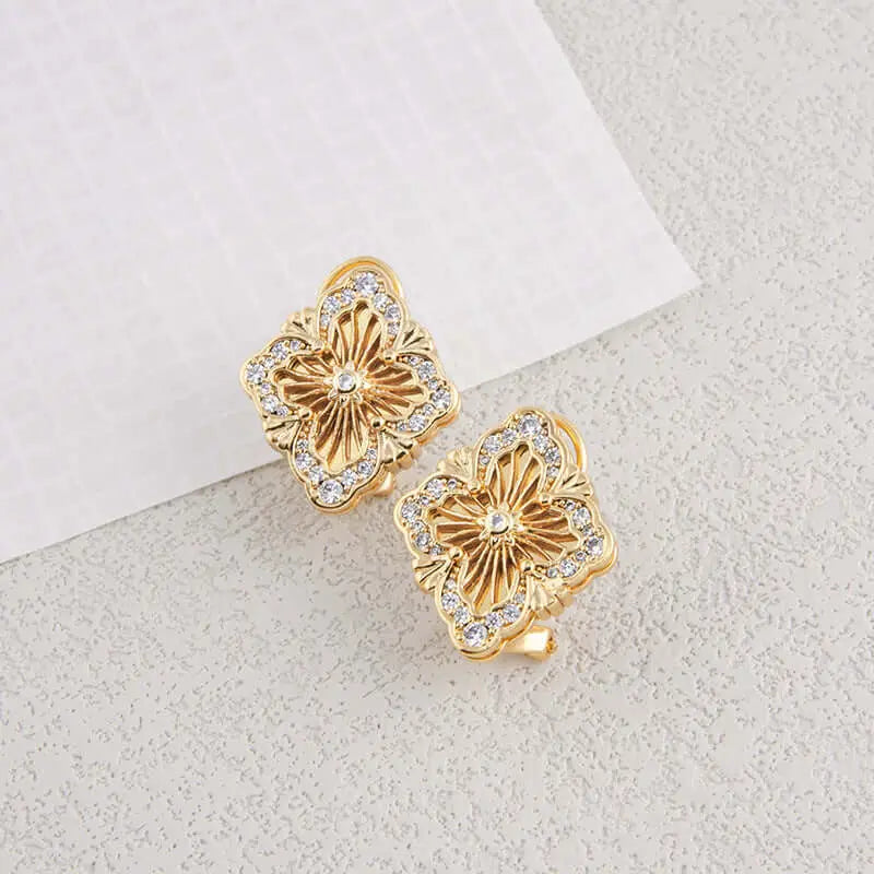 Aruary Studio ｜ Artisanal Jewelry Palace-Chic Clover Earrings - 18K Brushed Gold & Crystal Studs | Chanel-inspired Vintage Jewelry | Hypoallergenic