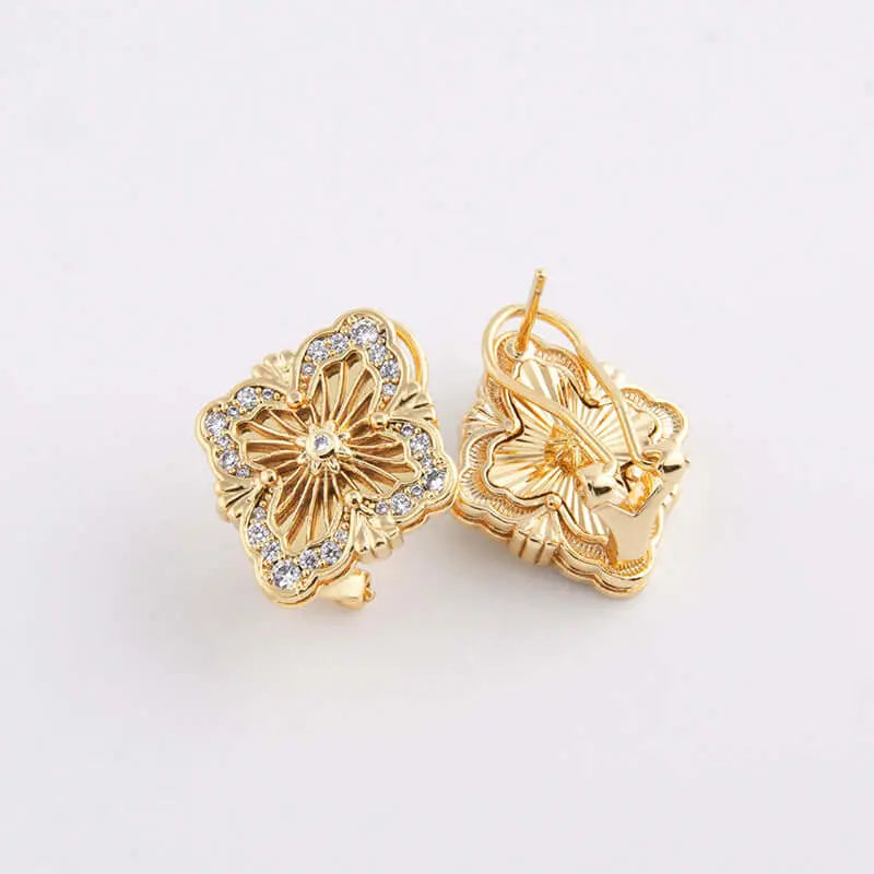 Aruary Studio ｜ Artisanal Jewelry Palace-Chic Clover Earrings - 18K Brushed Gold & Crystal Studs | Chanel-inspired Vintage Jewelry | Hypoallergenic