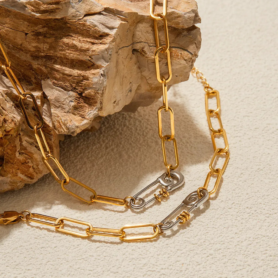 Aruary Studio ｜ Artisanal Jewelry Paperclip Necklace & Bracelet Set in 18K Gold - Designer Titanium Steel Office Jewelry | Hypoallergenic Stackable Set