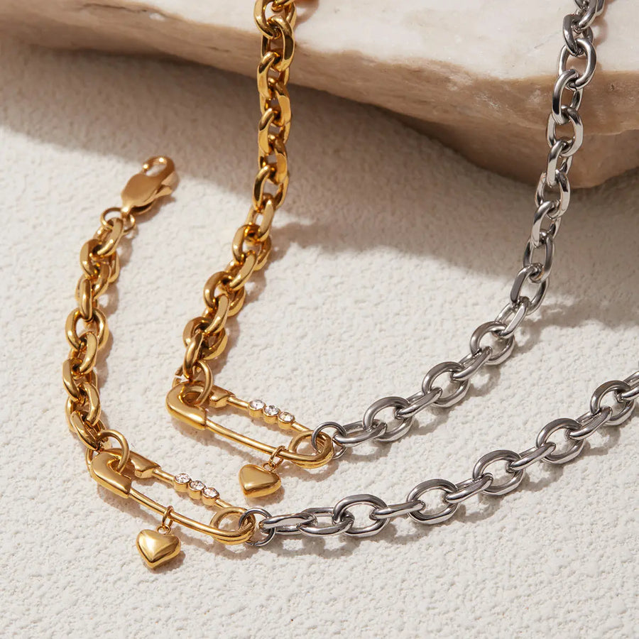 Aruary Studio ｜ Artisanal Jewelry Paperclip Necklace & Bracelet Set in 18K Gold - Titanium Steel Office Jewelry Stack | Hypoallergenic Designer Set
