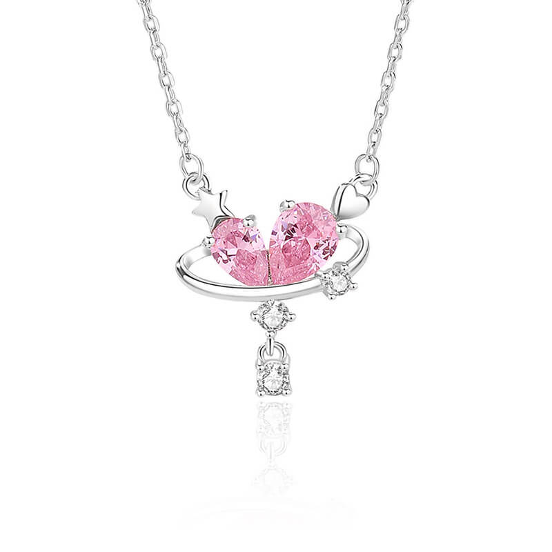 Heavy 2.83g planet heart and padlock charm necklace with vivid pink pear-cut zircons in rhodium plated 925 sterling silver, artfully engineered for a snag-free fit.