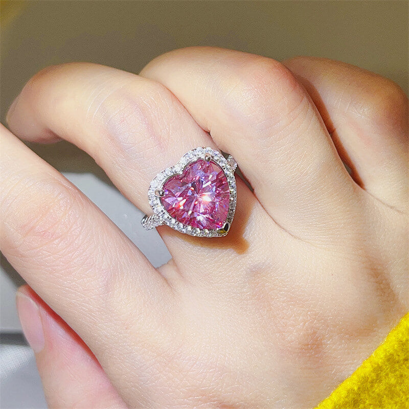 grand 5 carat 5.0ct heart cut pink moissanite engagement ring in platinum plated s925 silver with heavy clear cz micro pave heart halo