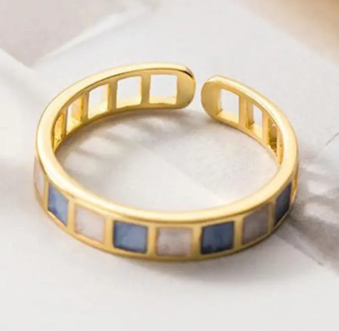 Aruary Studio ｜ Artisanal Jewelry Handmade Enamel Ring in Dusty Blue, Sterling Silver 925 Asymmetrical Geometric Ring, Dainty Minimalist Jewelry Gift for Her A
