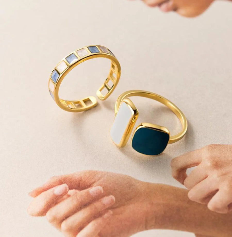 Aruary Studio ｜ Artisanal Jewelry Handmade Enamel Ring in Dusty Blue, Sterling Silver 925 Asymmetrical Geometric Ring, Dainty Minimalist Jewelry Gift for Her
