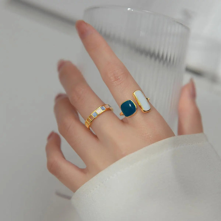 Aruary Studio ｜ Artisanal Jewelry Handmade Enamel Ring in Dusty Blue, Sterling Silver 925 Asymmetrical Geometric Ring, Dainty Minimalist Jewelry Gift for Her