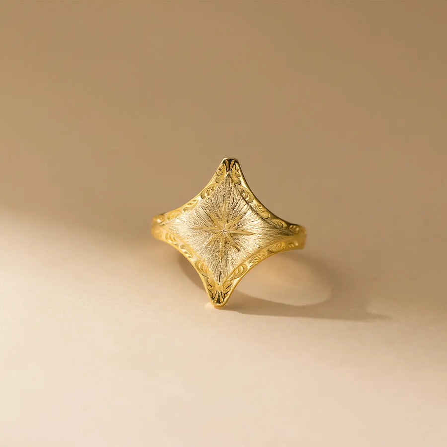 Aruary Studio ｜ Artisanal Jewelry Art Deco Two-Tone Geometric Ring | 925 Sterling Silver Engraved Band | Vintage Architectural Jewelry Golden