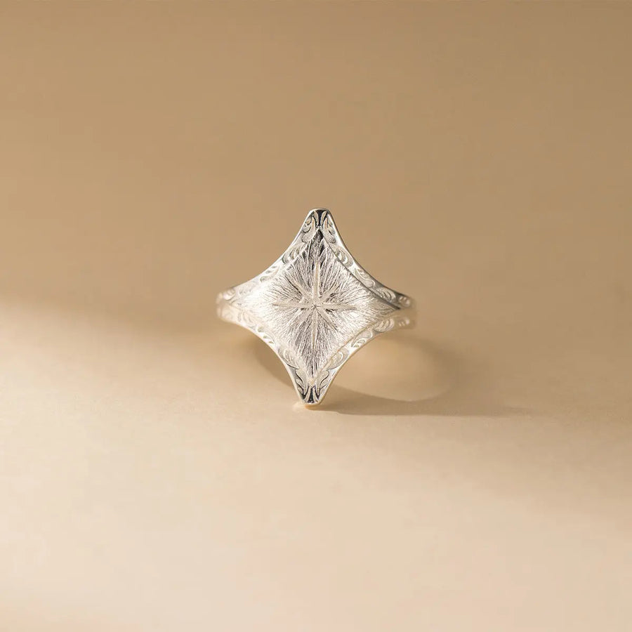 Aruary Studio ｜ Artisanal Jewelry Art Deco Two-Tone Geometric Ring | 925 Sterling Silver Engraved Band | Vintage Architectural Jewelry Silvery