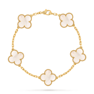 Gold Plated White Mother of Pearl Clover Bracelet - 925 Sterling Silver Lucky Charm Jewelry with Adjustable Chain Aruary Studio ｜ Artisanal Jewelry