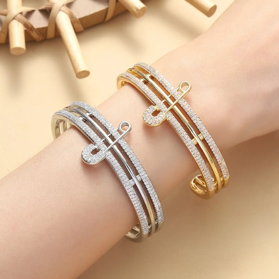 Aruary Studio ｜ Artisanal Jewelry Rebel Luxe Safety Pin Bangle | Oversized Cuff Bracelet | Asymmetric Cubic Zirconia Jewelry