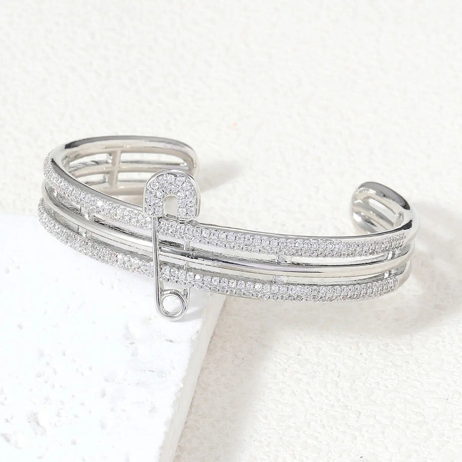 Aruary Studio ｜ Artisanal Jewelry Rebel Luxe Safety Pin Bangle | Oversized Cuff Bracelet | Asymmetric Cubic Zirconia Jewelry Silvery