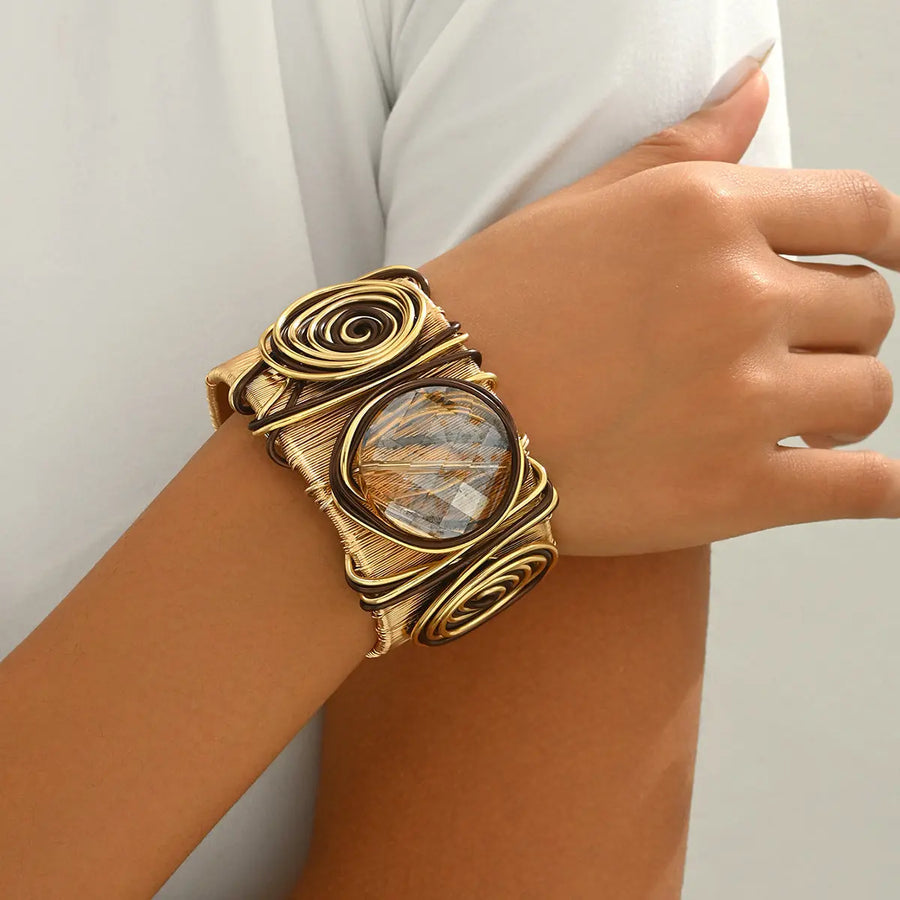 Aruary Studio ｜ Artisanal Jewelry Bohemian Spiral Wire-Wrapped Gemstone Cuff Bracelet | Adjustable Natural Stone Bangle | Artisan Crafted Boho Bracelet Golden