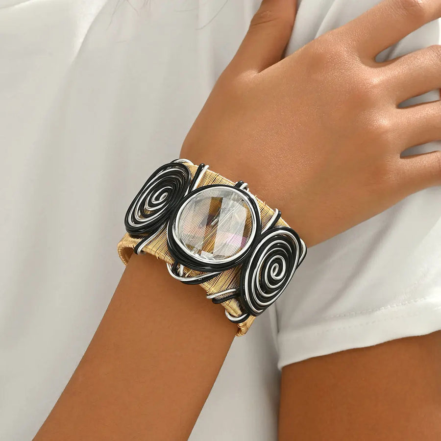 Aruary Studio ｜ Artisanal Jewelry Bohemian Spiral Wire-Wrapped Gemstone Cuff Bracelet | Adjustable Natural Stone Bangle | Artisan Crafted Boho Bracelet Silvery