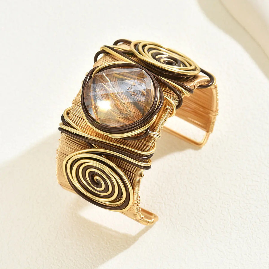 Aruary Studio ｜ Artisanal Jewelry Bohemian Spiral Wire-Wrapped Gemstone Cuff Bracelet | Adjustable Natural Stone Bangle | Artisan Crafted Boho Bracelet