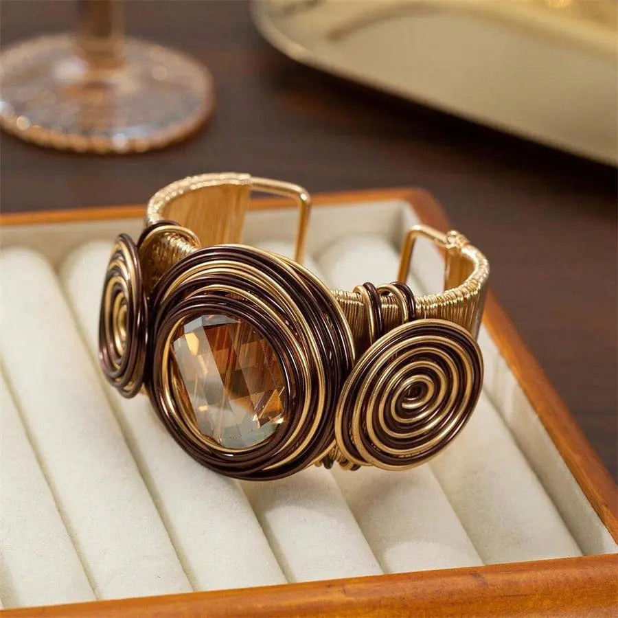 Aruary Studio ｜ Artisanal Jewelry Bohemian Spiral Wire-Wrapped Gemstone Cuff Bracelet | Adjustable Natural Stone Bangle | Artisan Crafted Boho Bracelet