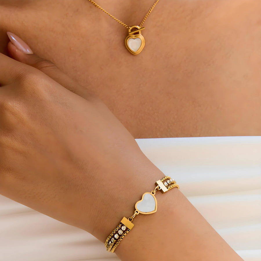 Aruary Studio ｜ Artisanal Jewelry Sparkling Heart Bracelet: Stainless Steel & Zircon | Hypoallergenic & Tarnish-Free | Adjustable (18+5cm)