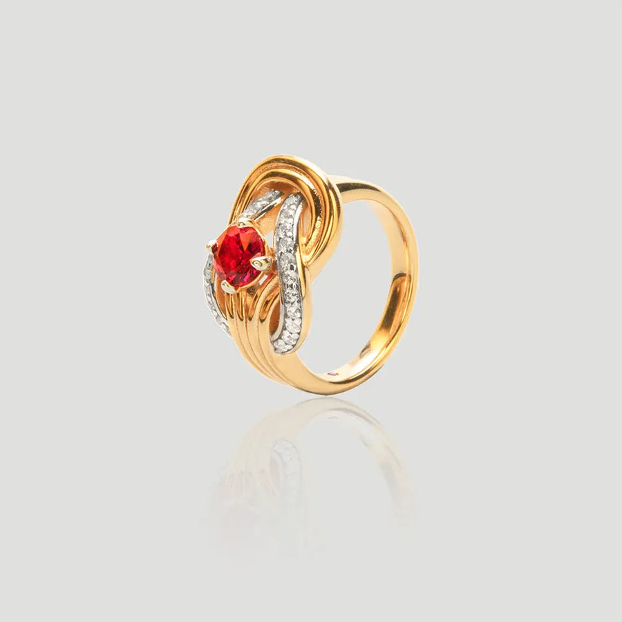 Yuqing Realm ｜ The Sanctuary of Wellness and Luck Stunning Golden Twist Ring with Vibrant Red Gemstone & Sparkling Diamonds