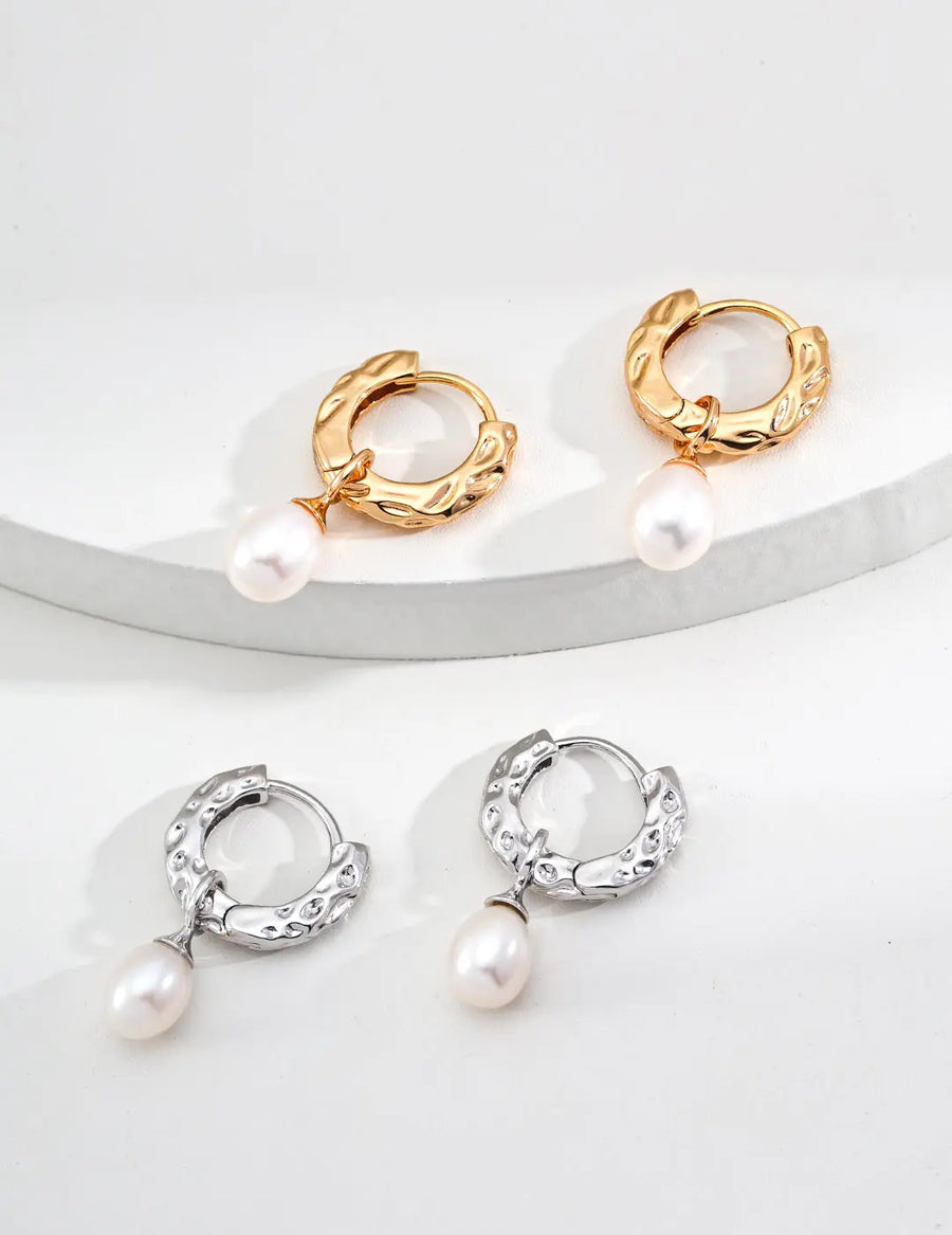 Aruary Studio ｜ Artisanal Jewelry Textured Pearl Hoop Earrings - Minimalist Designer Gold or Silver