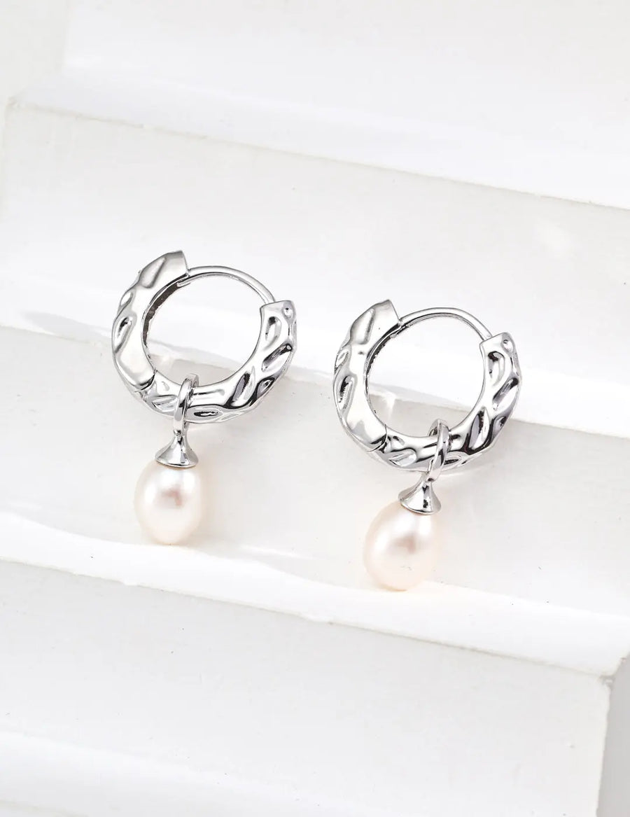 Aruary Studio ｜ Artisanal Jewelry Textured Pearl Hoop Earrings - Minimalist Designer Gold or Silver Silvery