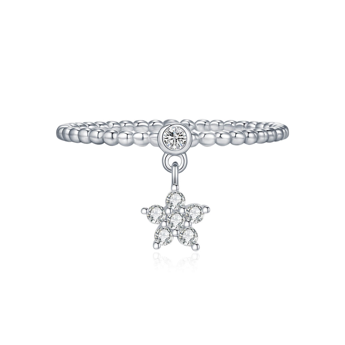 kinetic star dangle charm ring in platinum plated s925 sterling silver with caviar beaded band and paved moissanite starburst