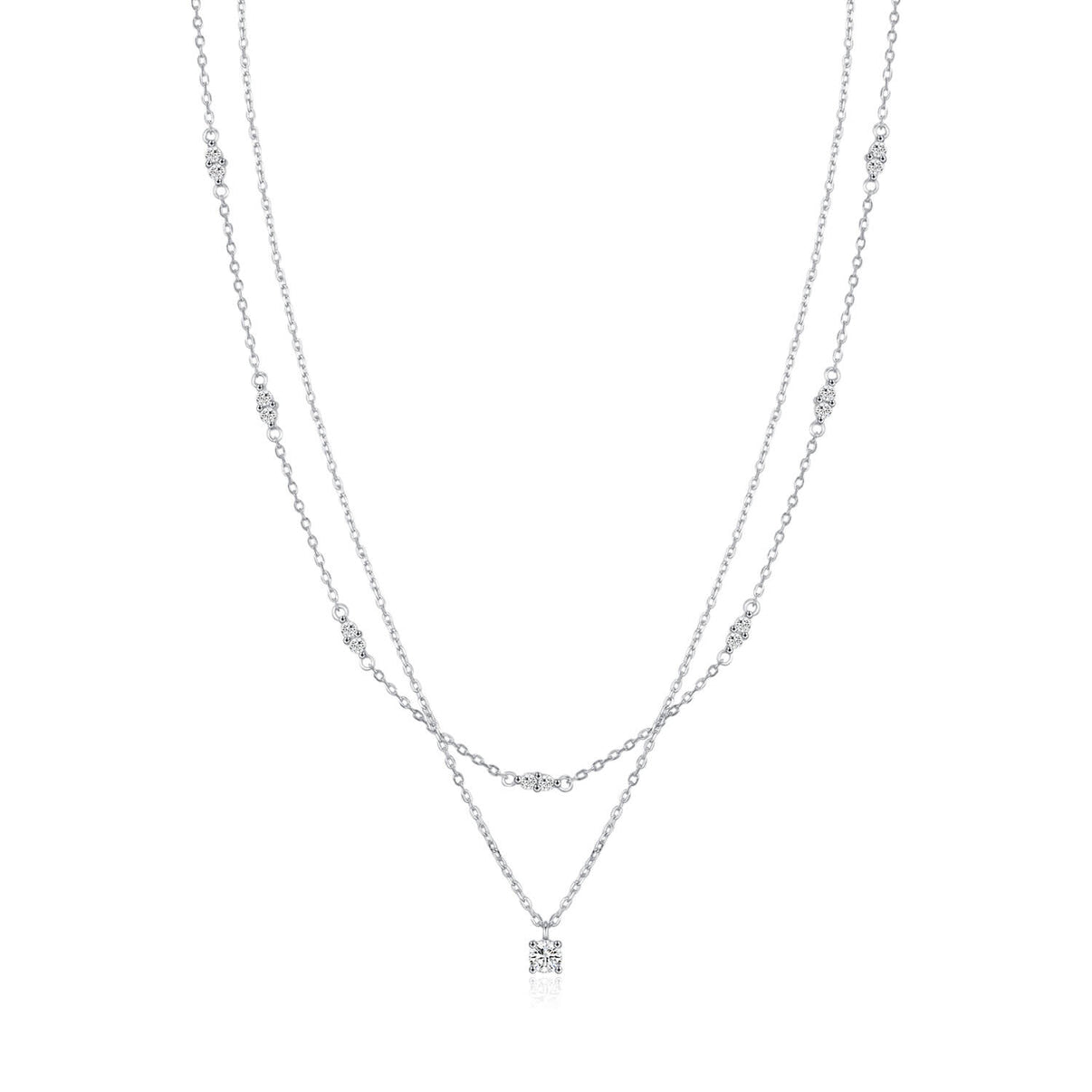 pre layered 2 in 1 station necklace in platinum plated s925 silver with 0.30ct 4mm round brilliant cut moissanite solitaire