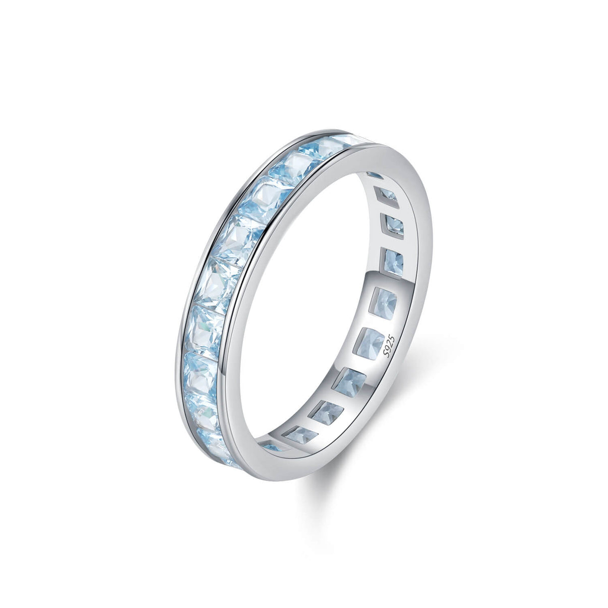 princess cut aquamarine blue square gemstone channel set full eternity band ring in white gold plated s925 silver