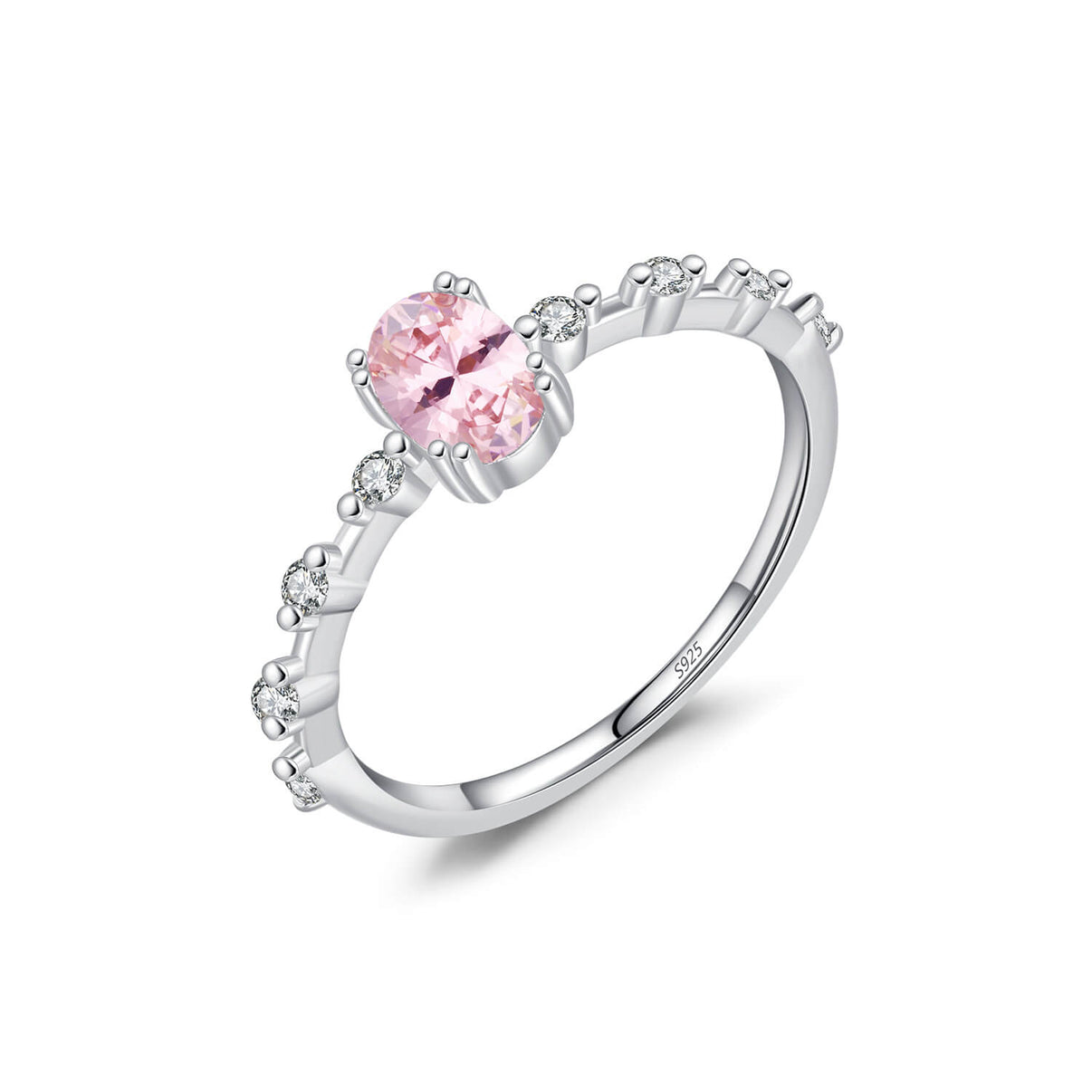 oval cut blush pink cz crystal solitaire ring in platinum plated s925 silver with thin clear pave bubble band