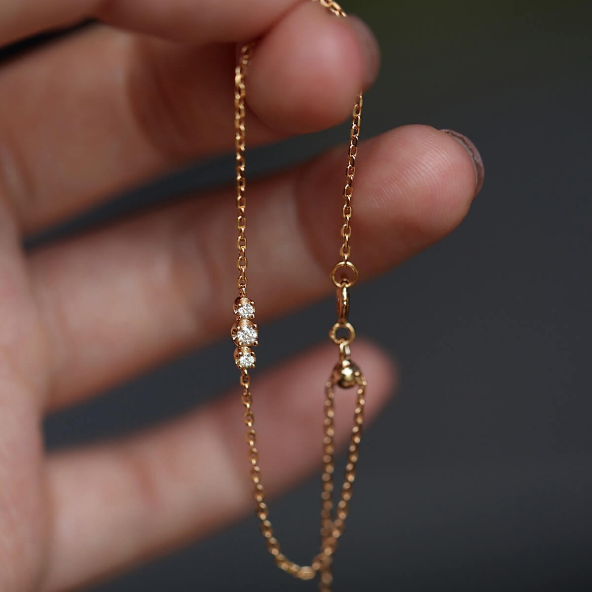 three stone 5a cz bar skin chain bracelet in 18k champagne gold plated s925 sterling silver with adjustable slider smart bead