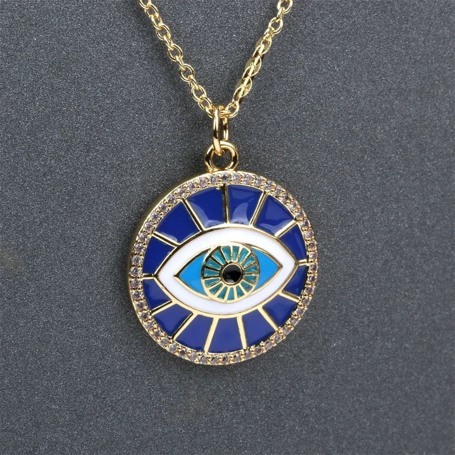 Aruary Studio ｜ Artisanal Jewelry Turkish Evil Eye Necklace - 18K Gold Plated Enamel & Zirconia Talisman, 45cm O-Link Chain Protection Jewelry