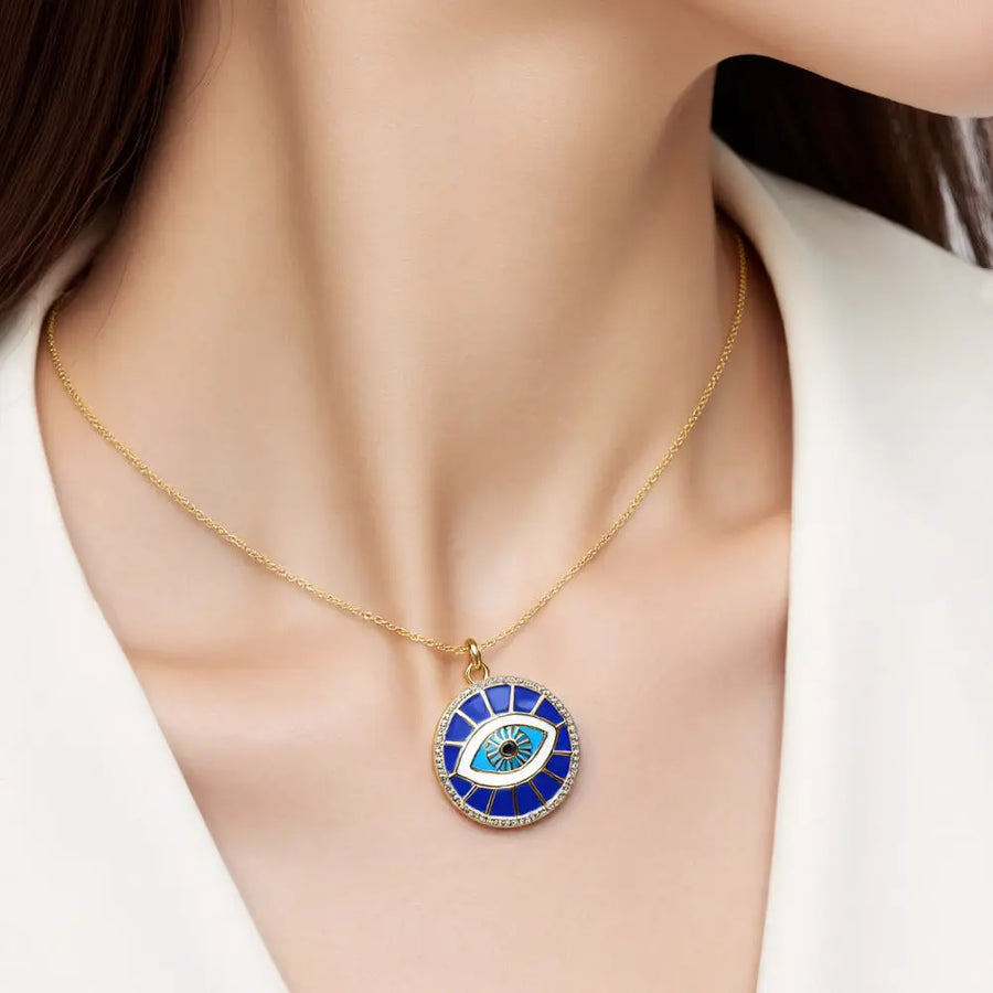 Aruary Studio ｜ Artisanal Jewelry Turkish Evil Eye Necklace - 18K Gold Plated Enamel & Zirconia Talisman, 45cm O-Link Chain Protection Jewelry