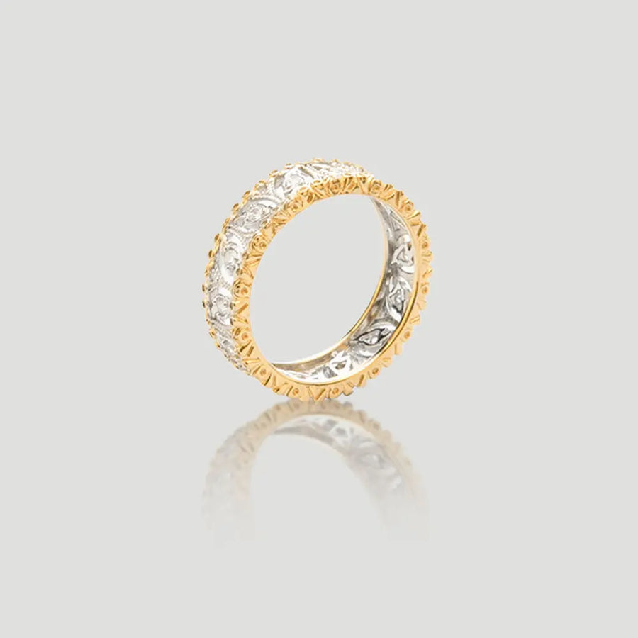 Yuqing Realm ｜ Unleash the charming goddess within you Two-Tone Gold Ring with Intricate Floral Design | 925 Sterling Silver Gold Plated | 5A Cubic Zirconia Accents
